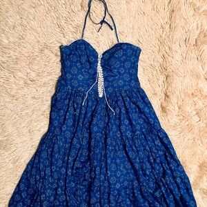 1970s Vintage Royal Blue And White Bandana Print Prairie-Style Halter Sundress